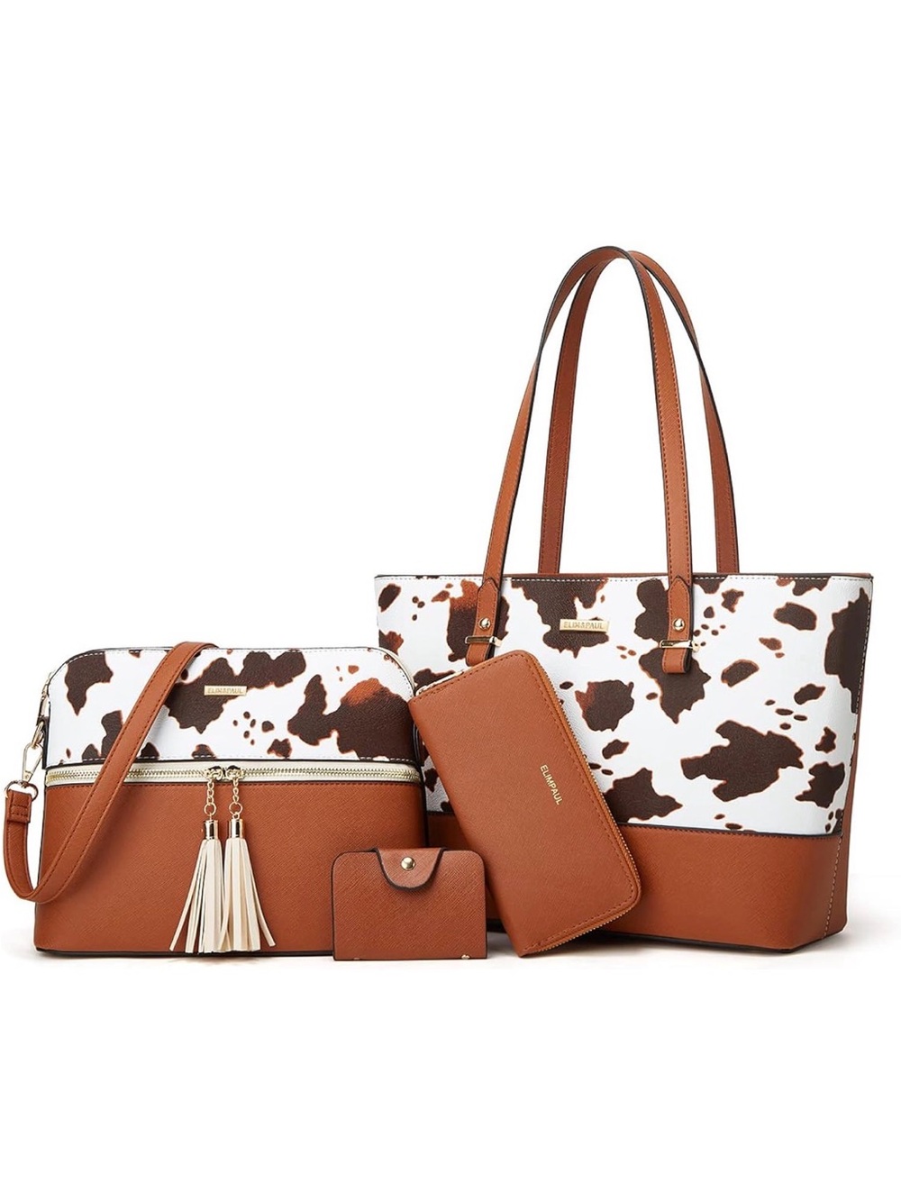 Cow-Print Tote Bag with Tan Trim - Women Bags 5 piece set - Picture 9 of 9